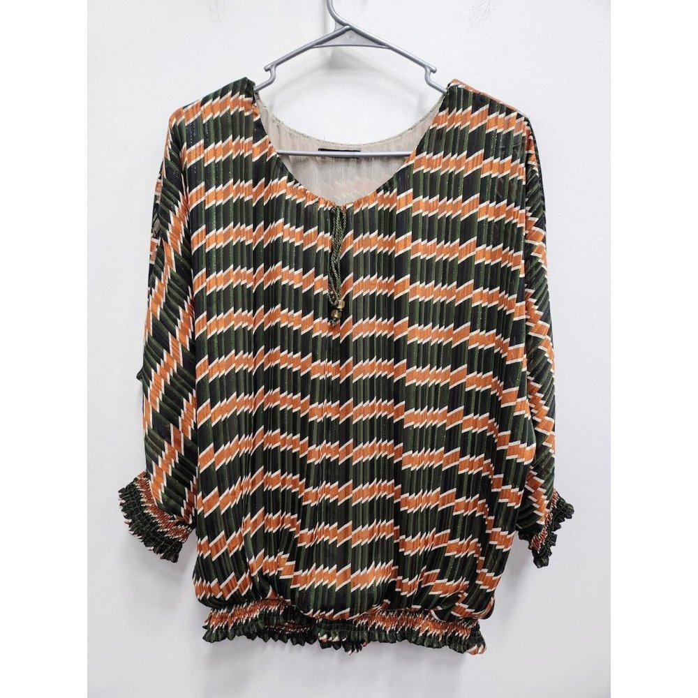 Golbary Womens Blouse Size XL Green Orange Chevron Metallic Dolman Smocked Hem